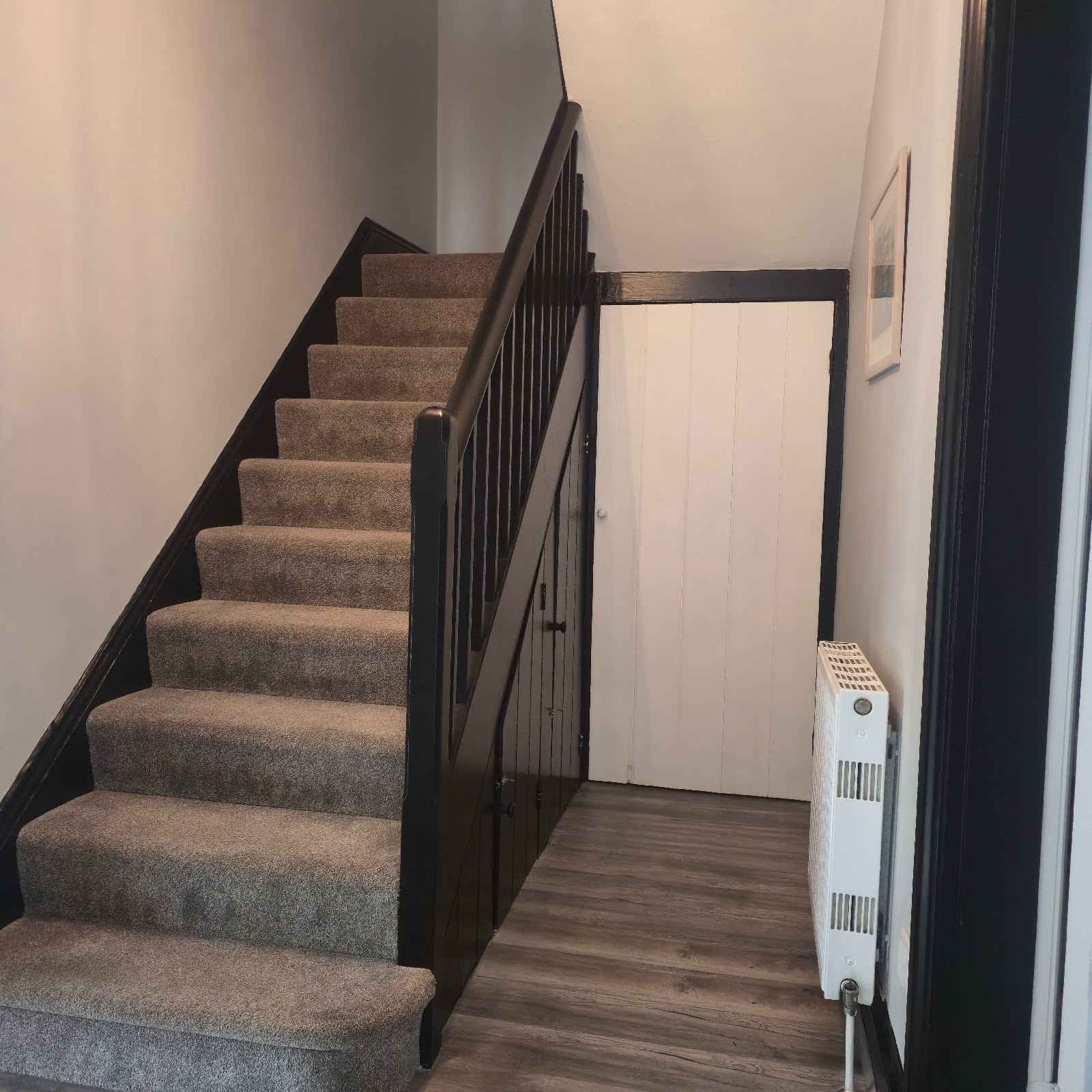 A Plymouth hallway and staircase with black gloss woodwork and freshly painted walls by Top Coat Decorators