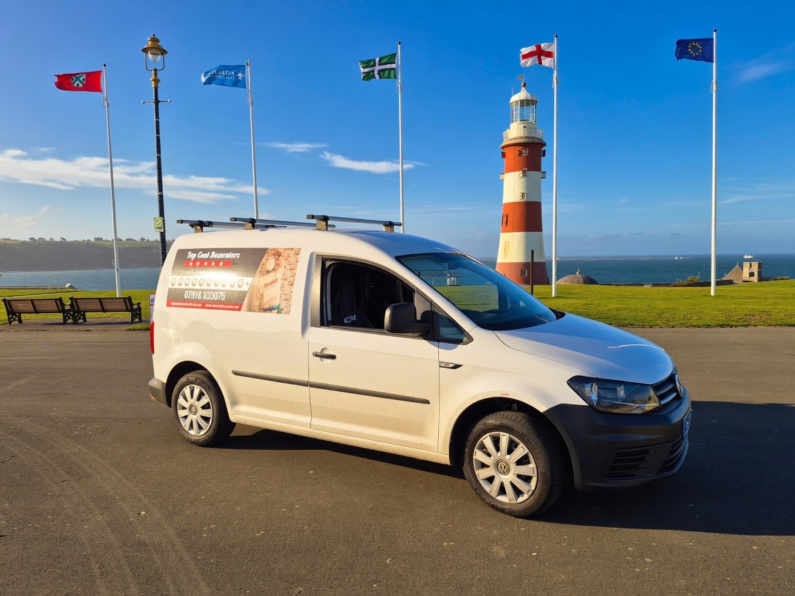 The Top Coat Decorators branded van parked at Plymouth Hoe by Smeaton's Tower